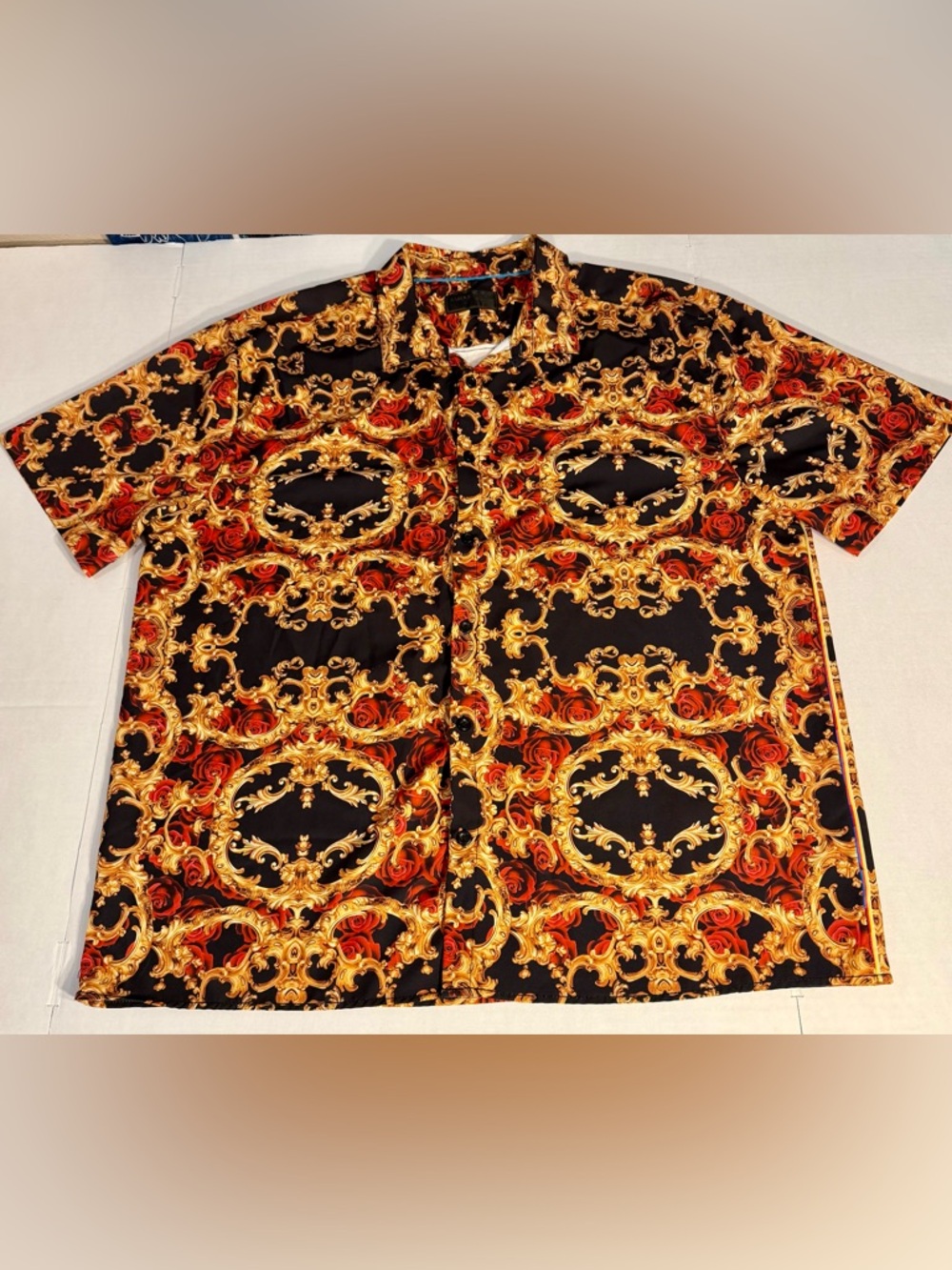 Baroque Gold Shirt Mens 3X Black Red Gold Ornate Rose Button Up Short Sleeve